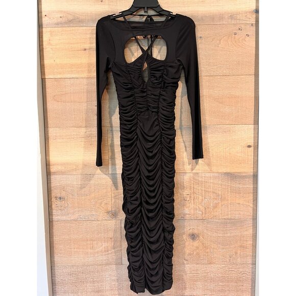ASOS CUTOUT RUCHED LONG SLEEVE MIDI DRESS IN BLACK Size US 4 - Picture 2 of 7
